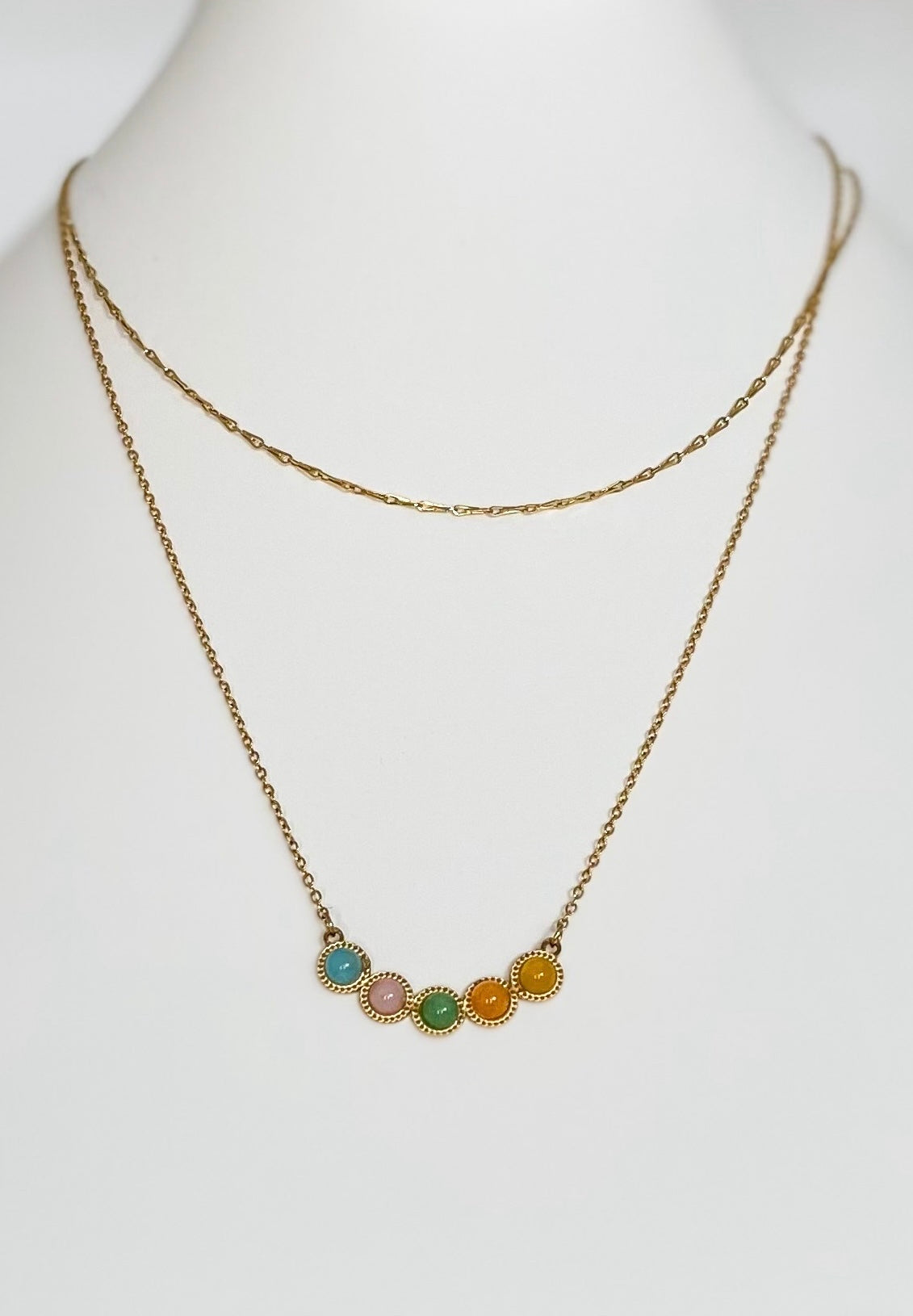 five stone pendant necklace, gold plated with colours blue pink green orange and yellow on plain white manakin with matching layer necklace in gold.